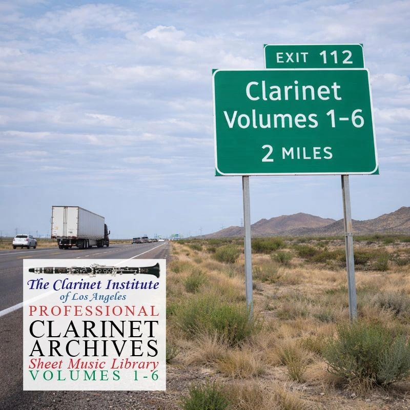 Cover for Clarinet Sheet Music, Vols. 1-6 depicting a freeway sign