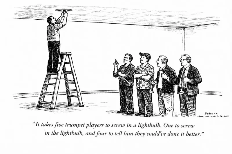 Cartoon of trumpet lightbulb joke