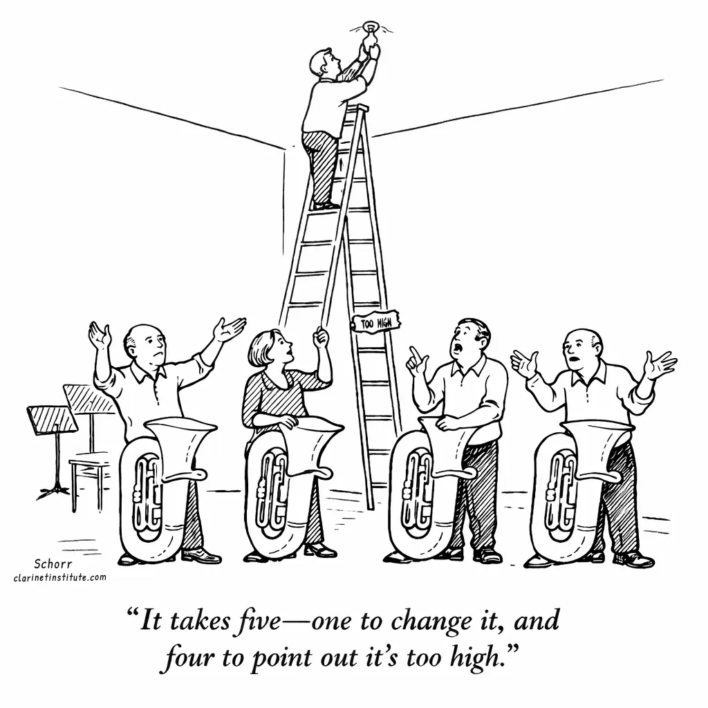 Cartoon of tuba players and lightbulb