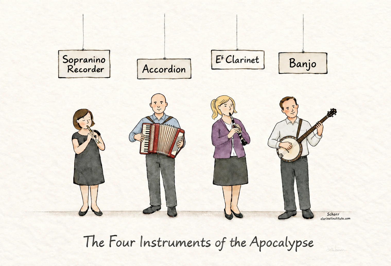 Cartoon showing four musicians playing sopranino recorder, banjo, E-flat clarinet, and accordion beneath signs naming each instrument.