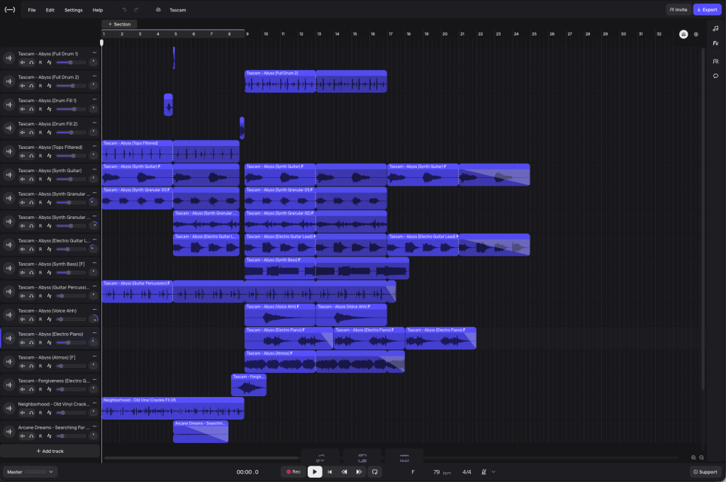Soundtrap Studio workspace with the measures and beats visible on the grid.
