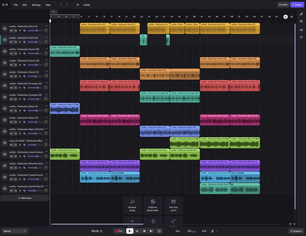 Color-coded regions in Soundtrap Studio.