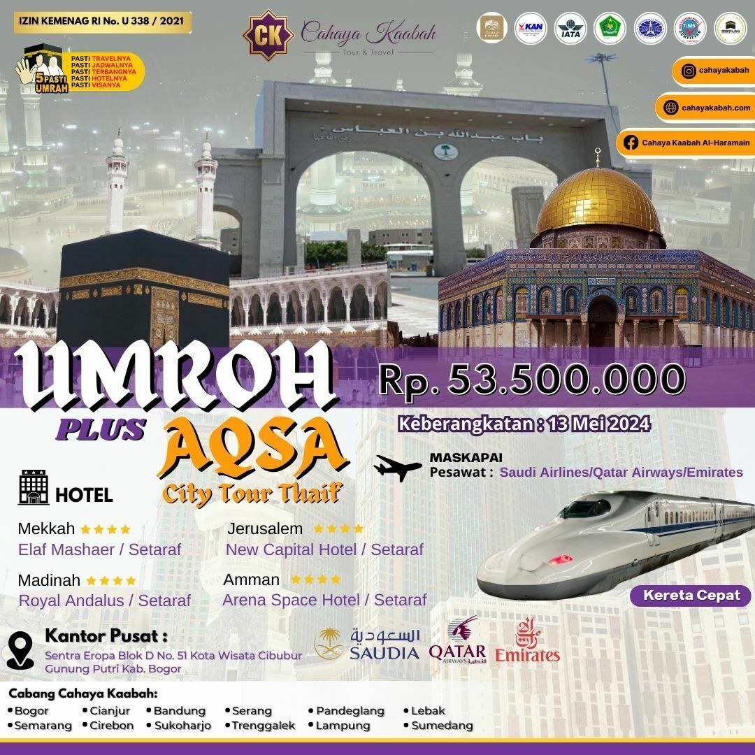 UMROH PLUS AQSA TERBARU DI JEMBER 13 MEI 2024 Rp. 53.500.000 I 0831 5922 1113