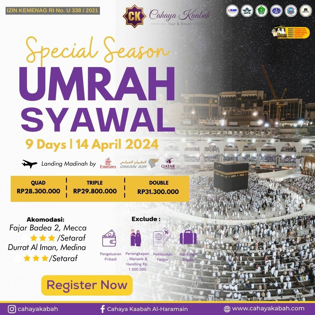 9 HARI UMROH SYAWAL 14 APRIL 2024 TERDEKAT,TERJANGKAU DI SERANG IDR. 28,300,000 I 0881 0242 82807