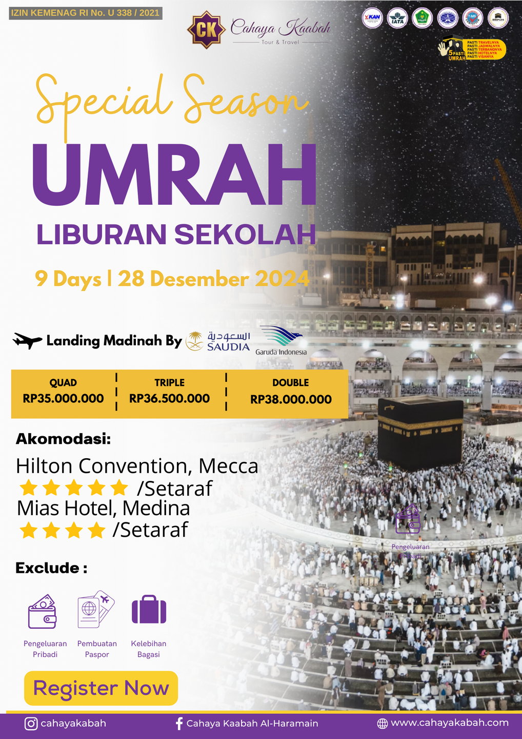 PAKET UMROH LIBURAN SEKOLAH DICIBUBUR  |PROGRAM 9 HARI ✈️ MASKAPAI GARUDA AIRLANES |KEBERANGKATAN 28 DESEMBER 2024 |0821-2464-7267