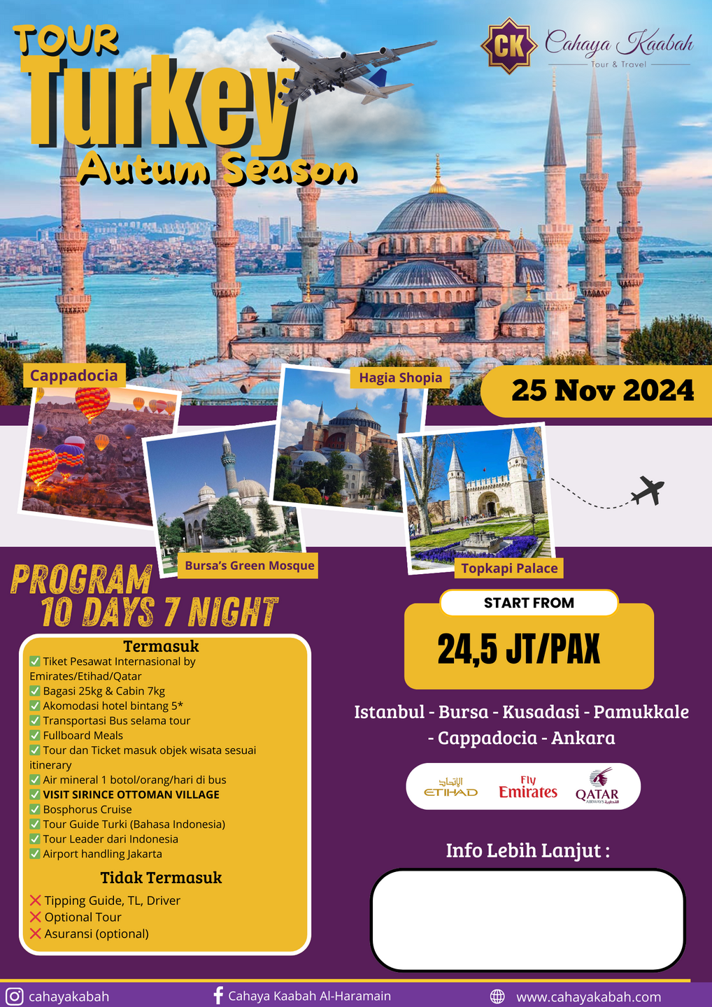 TOUR TURKIYE || PROGRAM 10 HARI 7 MALAM || KEBERANGKATAN 25 NOVEMBER 2024 || AUTUMN SEASON || 085692604583