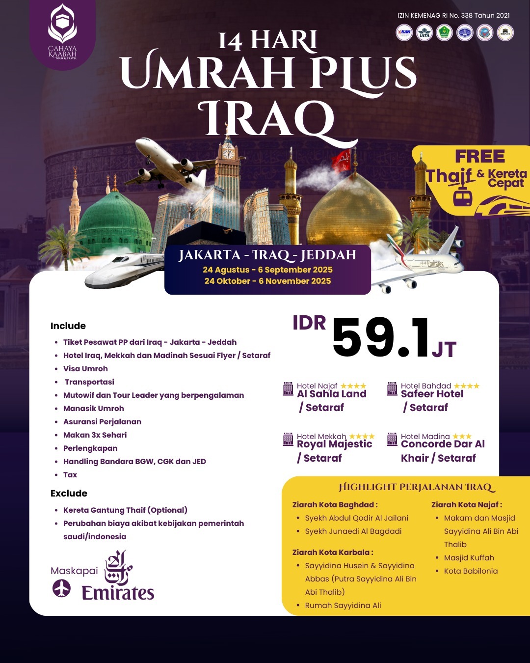 UMROH PLUS IRAQ JAKARTA IRAQ JEDDAH 14 HARI 2025/2026 | CIREBON | HUB : 085692463920