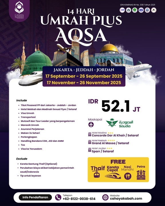 14 HARI UMRAH PLUS AQSA (Jakarta,Jeddah,Jordan) 2025 SURABAYA | HUB : 085692463920