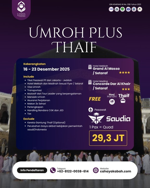 Umroh Plus thaif , 9 hari 2025 Surabaya | Hub:0856 9246 3920