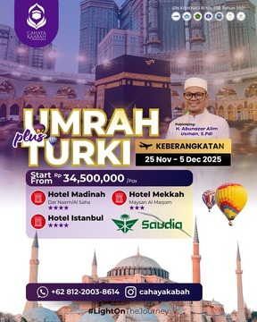Cahaya Kaabah Hadirkan Paket Umrah Plus Turki: Terbang Nyaman dengan Saudia, Dibimbing oleh H. Abunazar Alim Usman, S.Pdi | Trenggalek | Hub : 085692463920