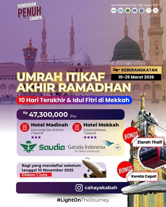 Menyambut Idul Fitri di Mekkah: Paket Umrah Itikaf Akhir Ramadhan dengan Harga Spesial, Hotel Mewah, dan Perjalanan yang Lebih Cepat dan Nyaman | Serang | Hub : 0812 - 2003 - 8614