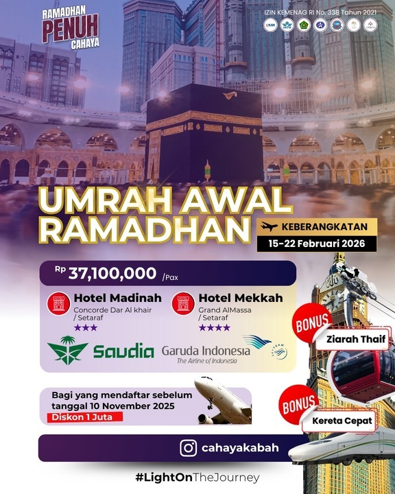 Ramadhan Penuh Cahaya: Umrah Awal Ramadhan dengan Hotel Bintang, Penerbangan Nyaman, Ziarah Thaif, dan Kereta Cepat – Daftar Sebelum 10 November untuk Diskon Spesial | Cibubur | Hub : 0812 - 2003 - 8614