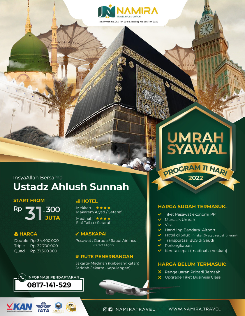 Umroh Syawal 21 Mei 2022 Program 11 Hari Bersama Ustadz Rizal Sadikin (Saudia Airlines)