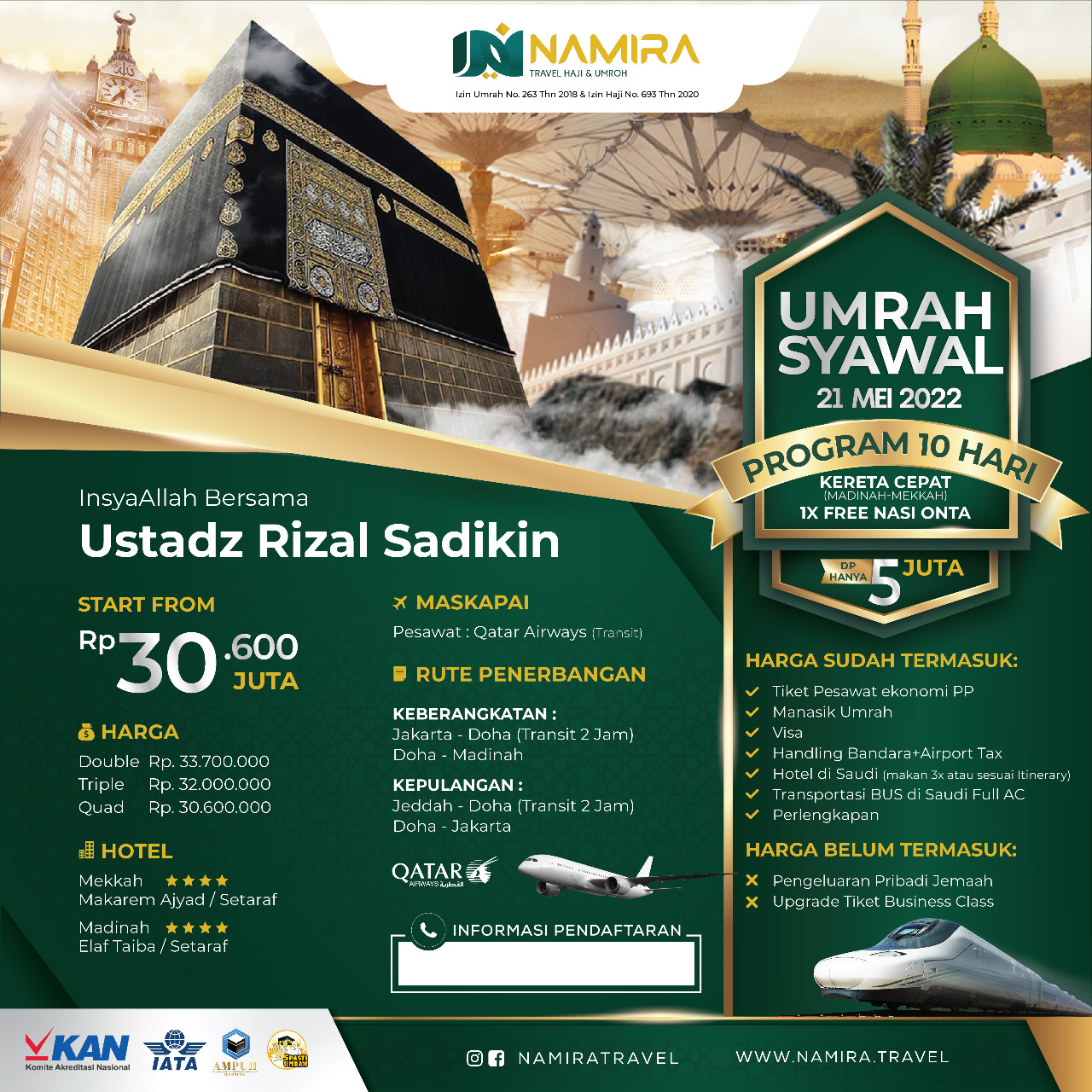 Umrah Syawal 21 Mei 2022 Program 10 Hari Bersama Ustadz Rizal Sadikin (Qatar Airlines)