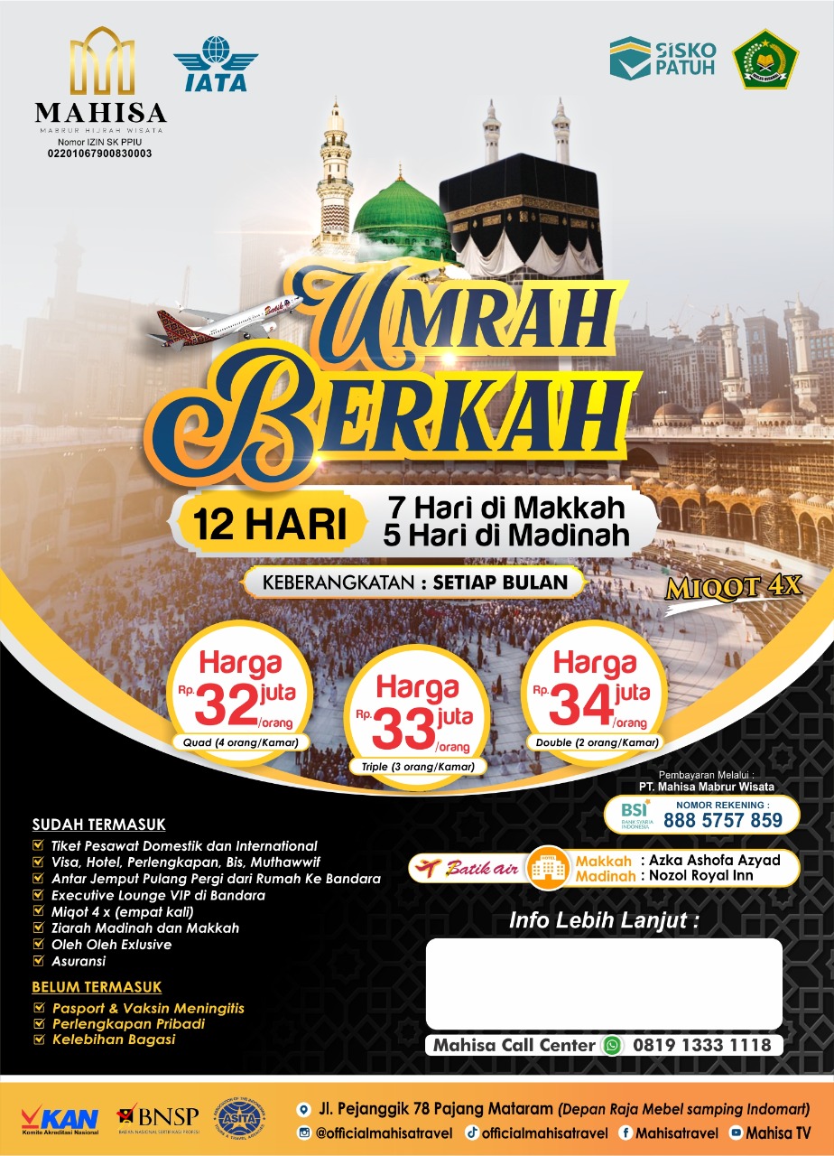 Umrah Berkah 12 Hari Keberangkatan September 2022