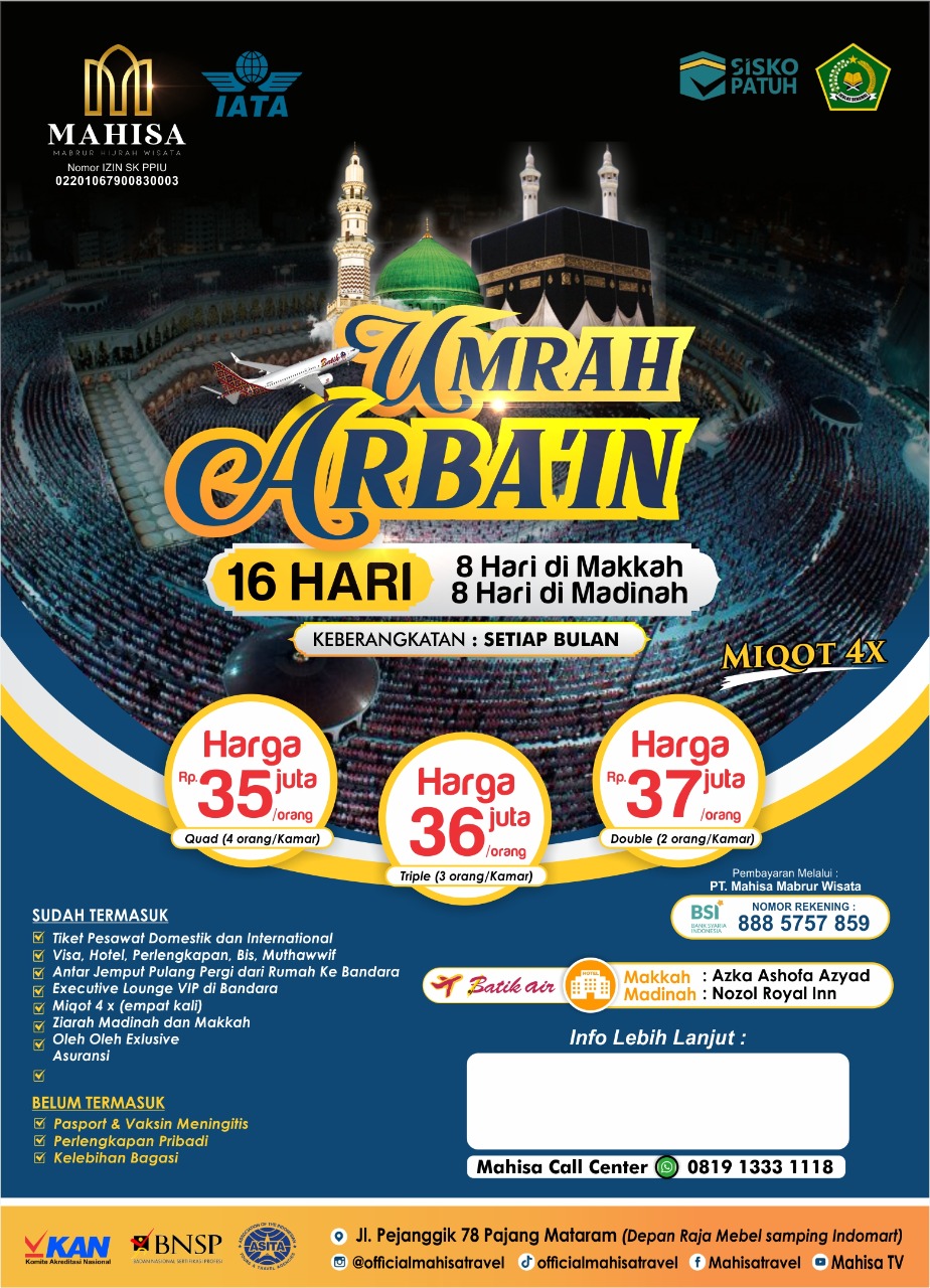 Umrah Arba'in 16 Hari Keberangkatan Oktober 2022