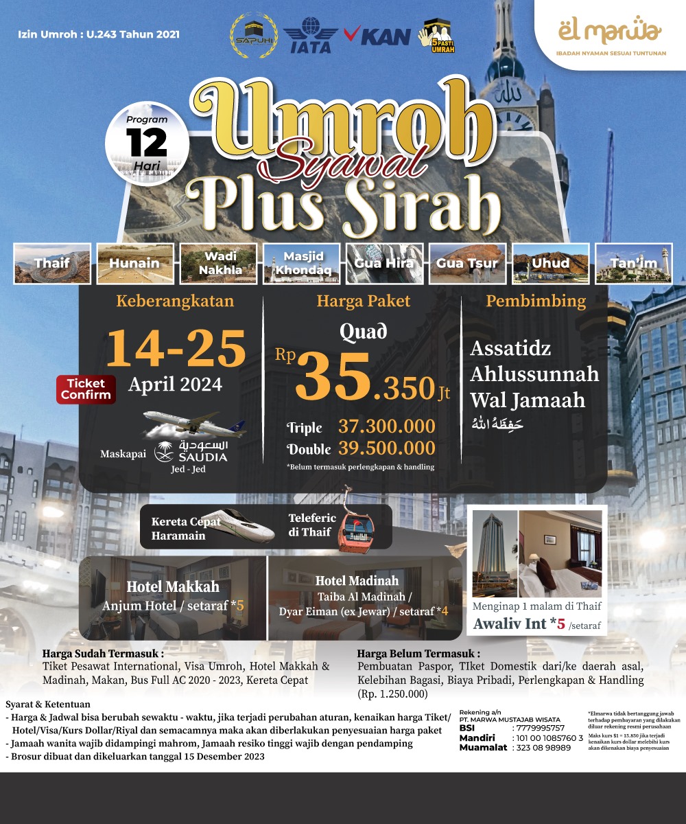 UMROH SYAWAL PLUS SIRAH THAIF  14 APRIL  2024