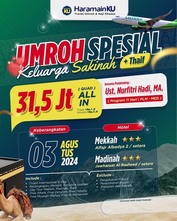 Umroh Spesial Keluarga Sakinah + Thaif - 03 Agustus 2024 - Start Palembang