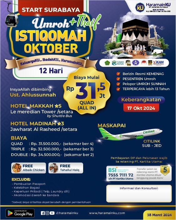 Umroh Istiqomah + Thaif - 17 Oktober 2024 - Start Surabaya