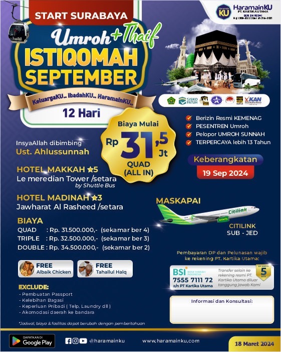 Umroh Istiqomah + Thaif - 19 September 2024 - Start Surabaya