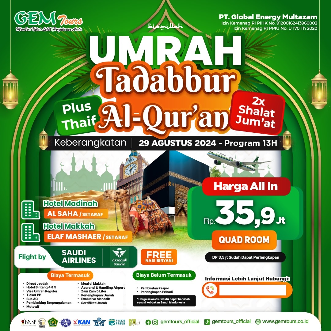 29 AUG 2024 "UMRAH KEAJAIBAN SHOLAWAT (2X JUMAT) PLUS THAIF"