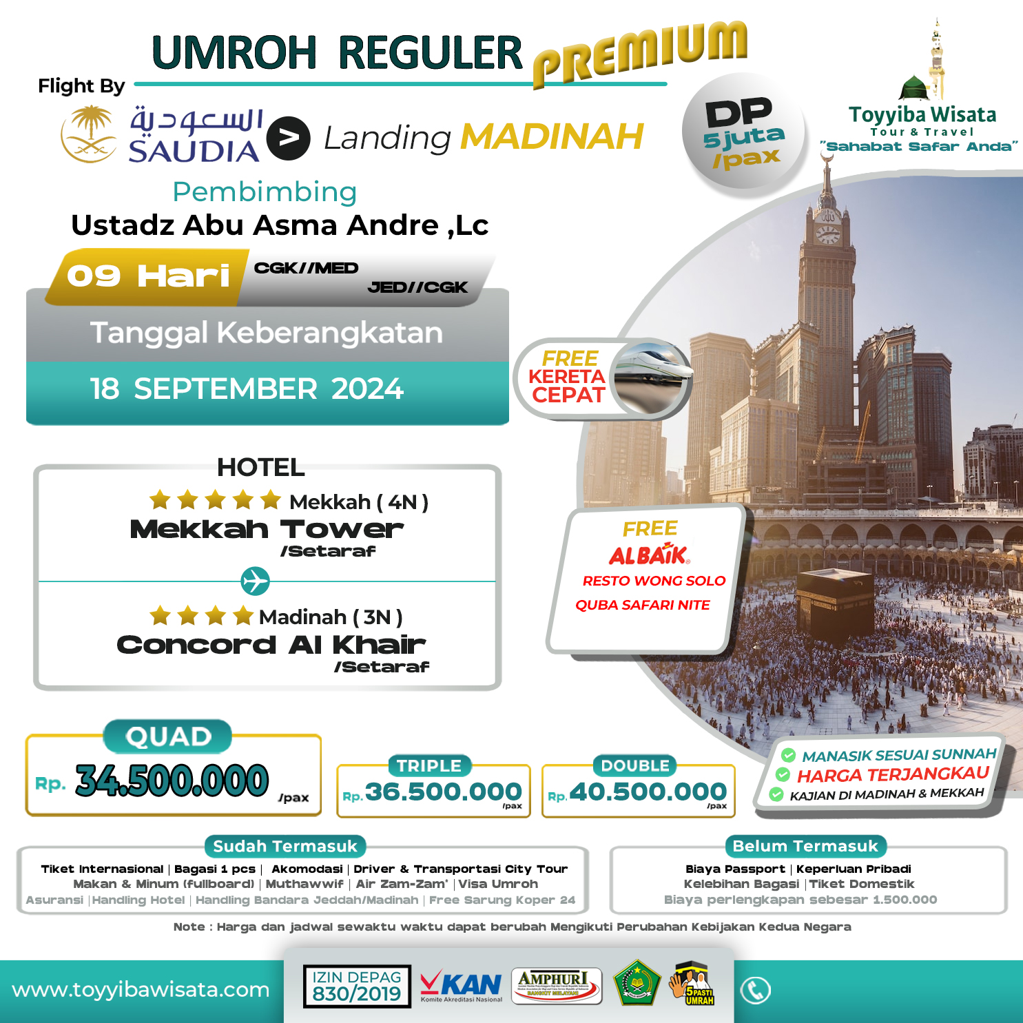 UMRAH  TOYYIB  PREMIUM  LAND MADINAH / 18  SEPTEMBER  2024 by SAUDIA 