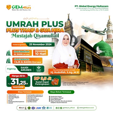 25 NOVEMBER 2024 "UMRAH MUSTAJABAH QIYAMULLAIL PLUS THAIF & GUA HIRO"