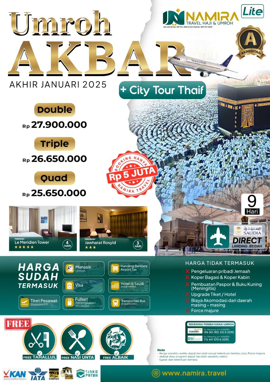 UMROH AKBAR  AKHIR JANUARI 2025 PLUS CITY TOUR THAIF 