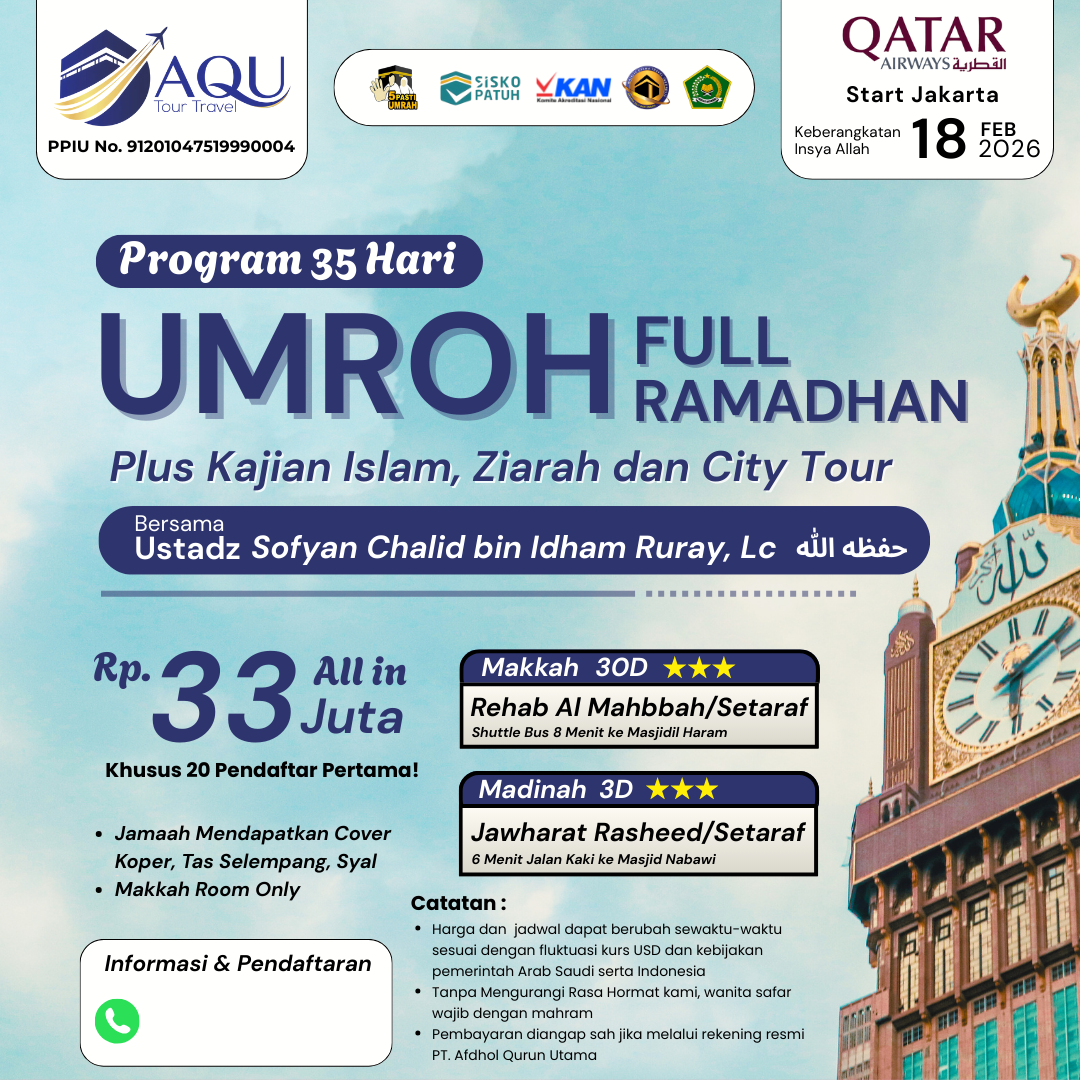 Paket Umroh Full Ramadhan 2026 35 Hari dari Jakarta – Bersama Ustadz Sofyan Chalid Ruray