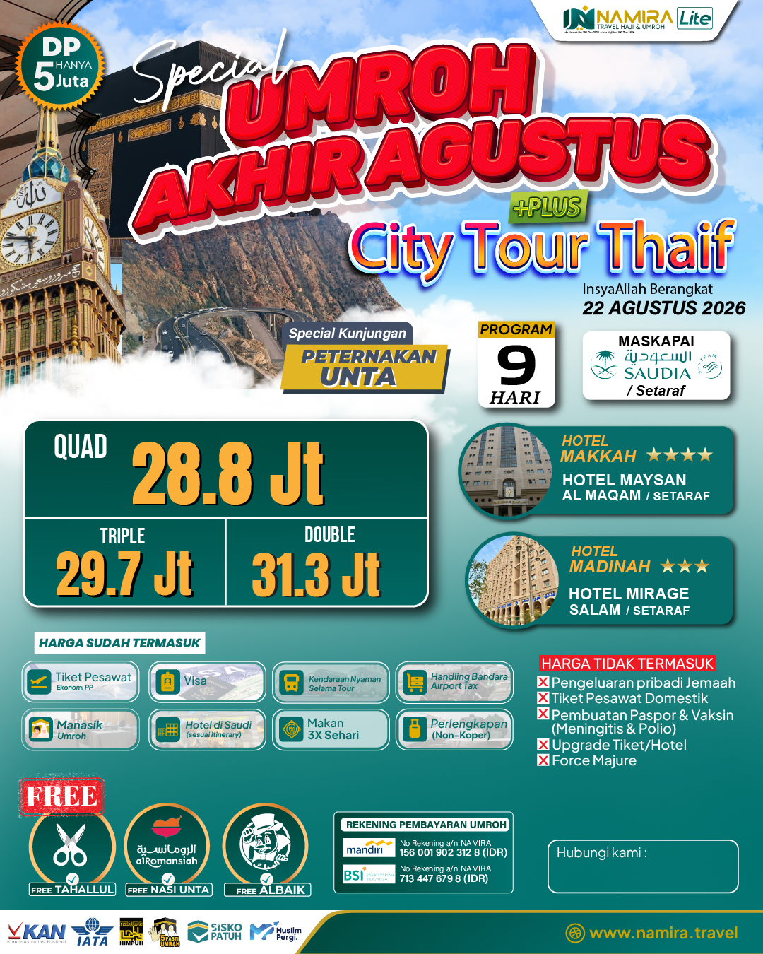 PAKET UMROH PLUS THAIF 22 AGUSTUS 2026
