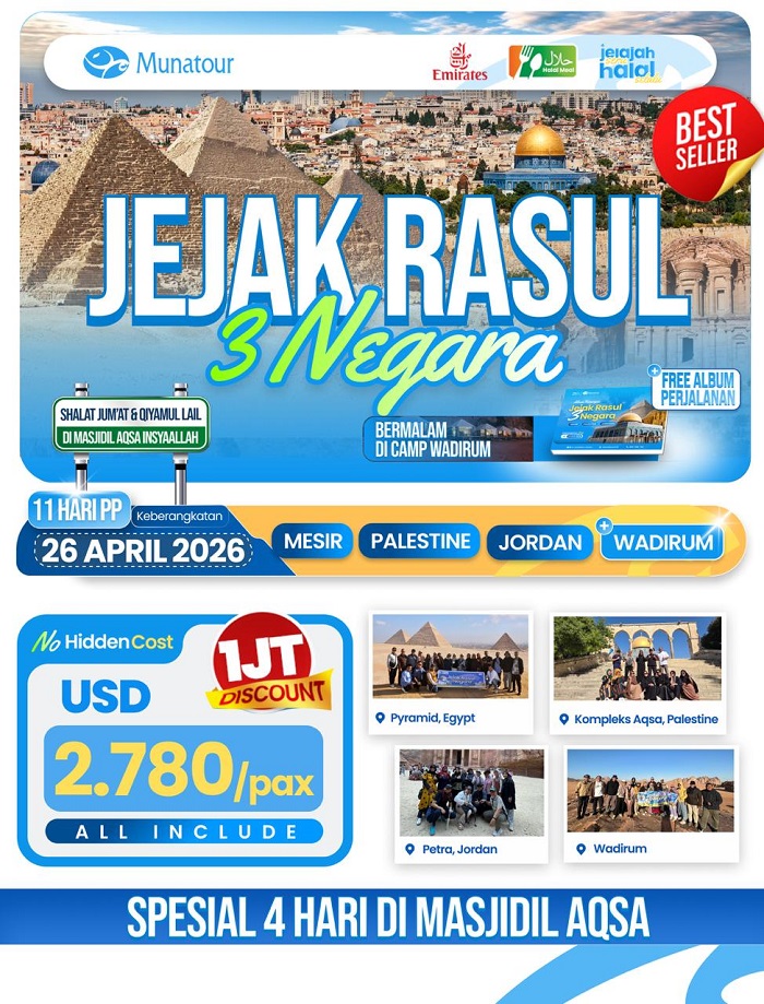 Paket Jejak Rasul 3 Negara: Mesir, Aqsa, Yordania - April 2026