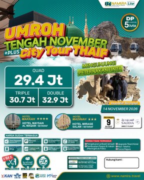 PAKET UMROH PLUS THAIF 14 NOVEMBER 2026