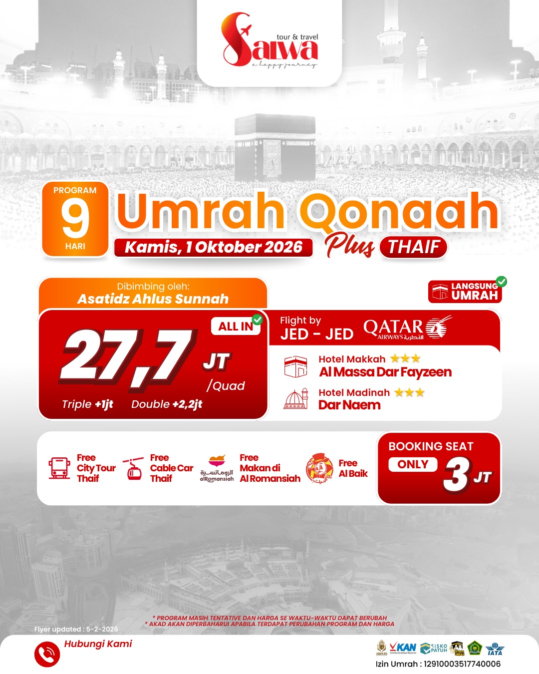 UMRAH QONAAH PLUS THAIF 9 HARI 01 OKTOBER 2026