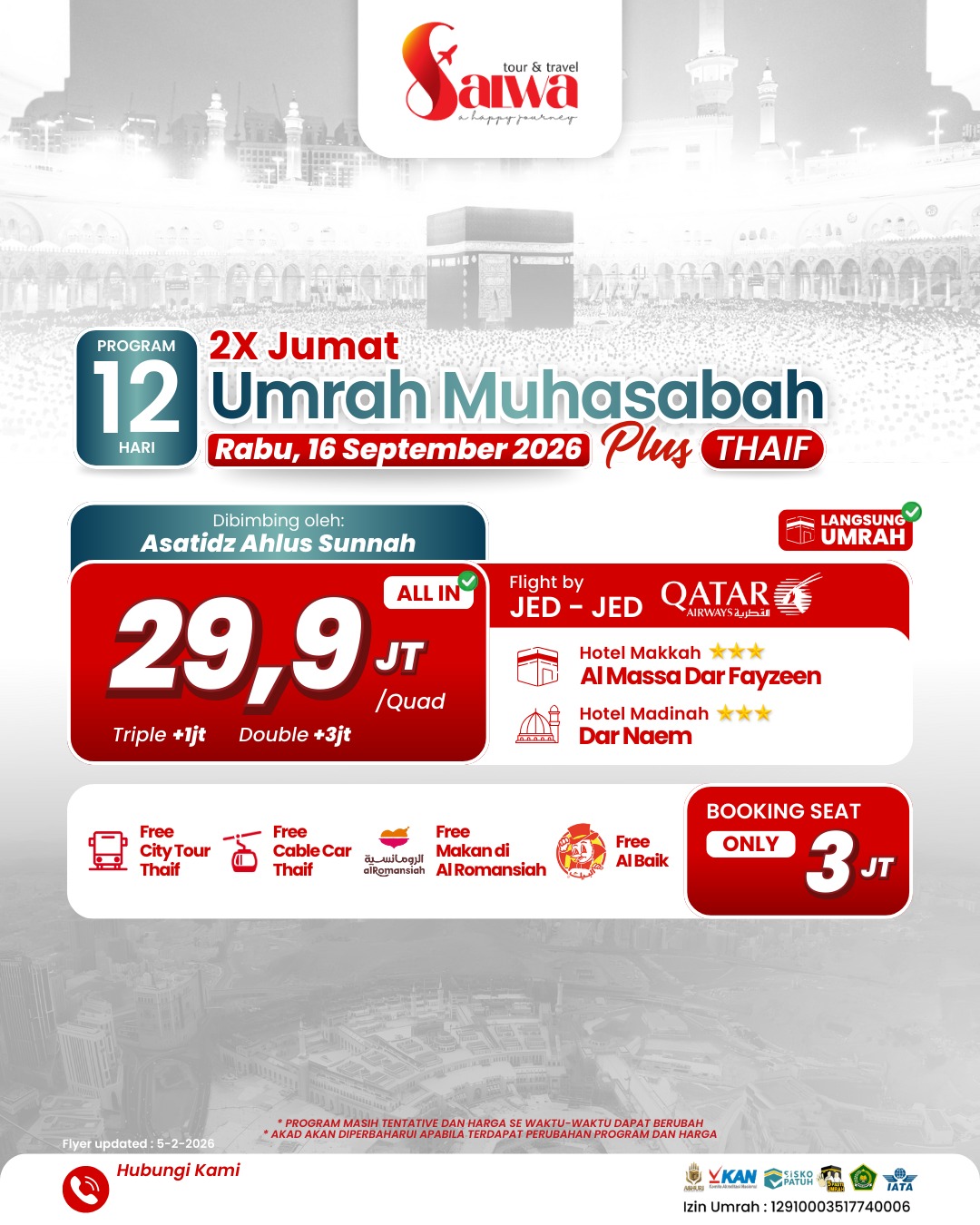 UMRAH MUHASABAH PLUS THAIF 12 HARI 16 SEPTEMBER 2026