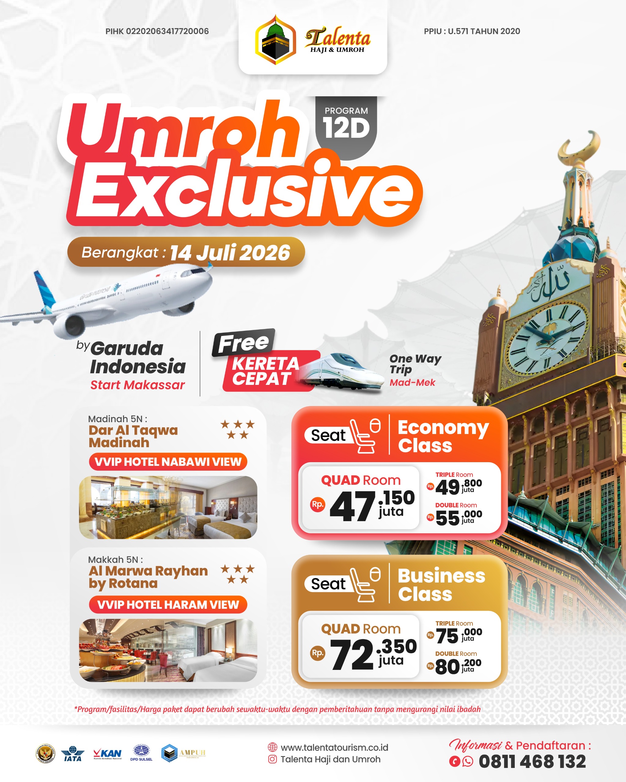 Umroh Exclusive 12 Hari Garuda Indonesia + Kereta Cepat Madinah Makkah