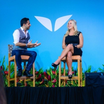 Vishen and Christie Marie Sheldon on stage at Mindvalley's A Fest 2015 in Costa Rica