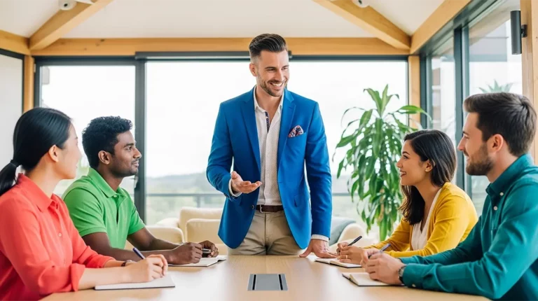 A group of diverse professionals in a bright, modern office engaged in their problem-solving skills in a meeting, with one man standing and leading the discussion confidently.