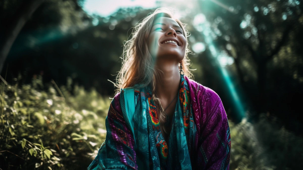 AI-generated image of a woman practicing loving-kindness meditation outdoors