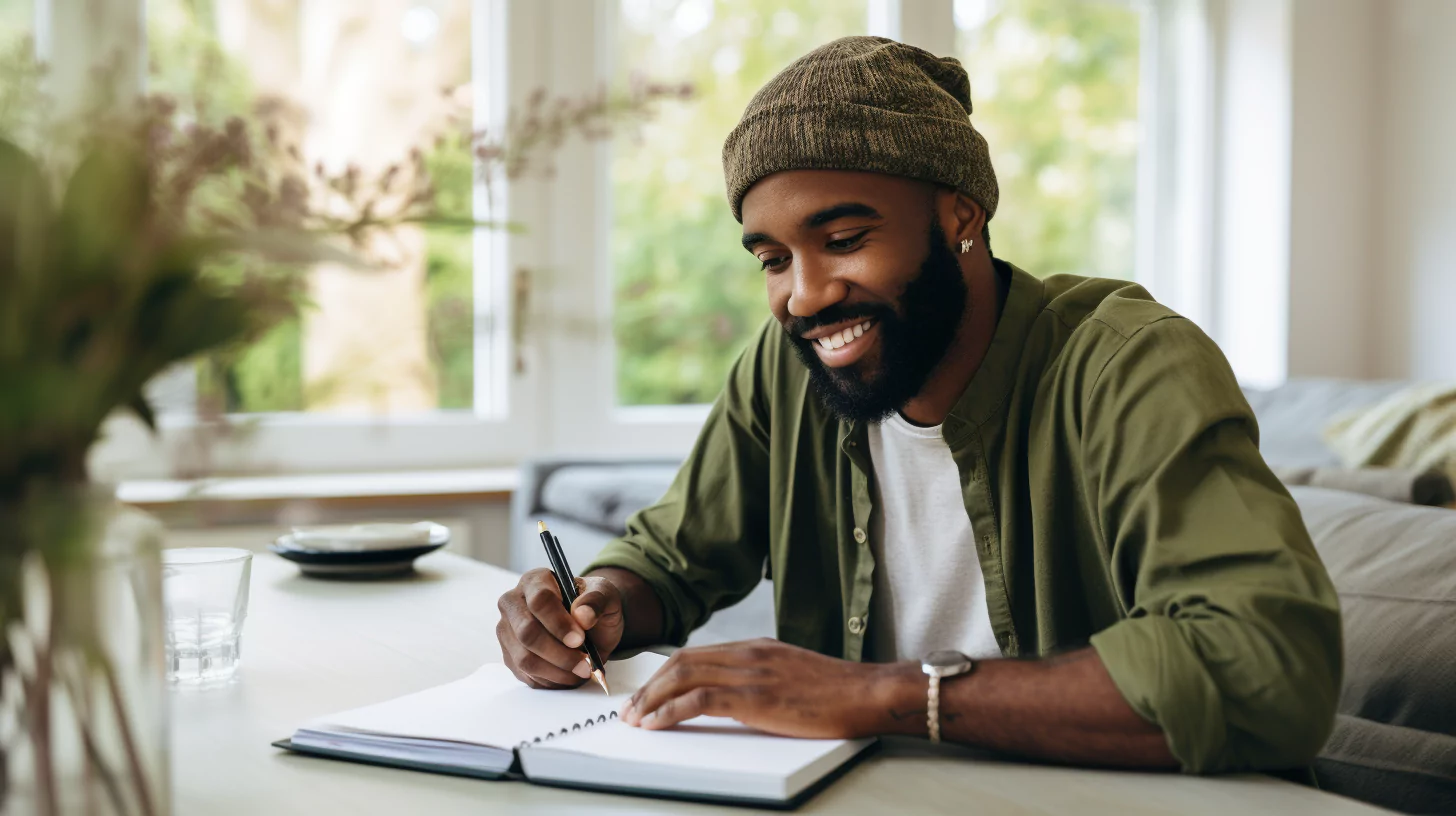 A confident man writing down a "compliment yourself" list in a notebook