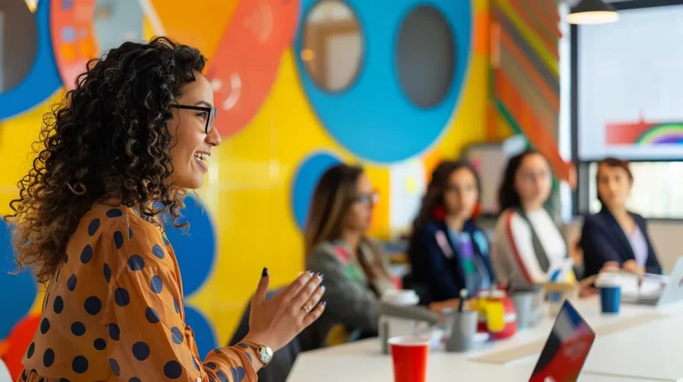 An autocratic leader talking to her team in a meeting room