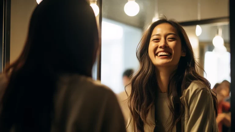 A woman looking in the mirror to self-praise