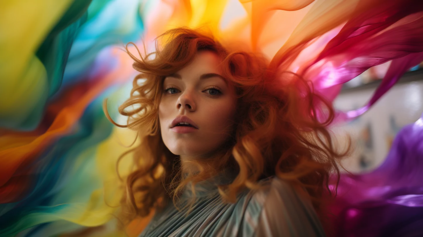 A female redhead gazes straight into the camera with colorful swirls around her as she practices creative visualization