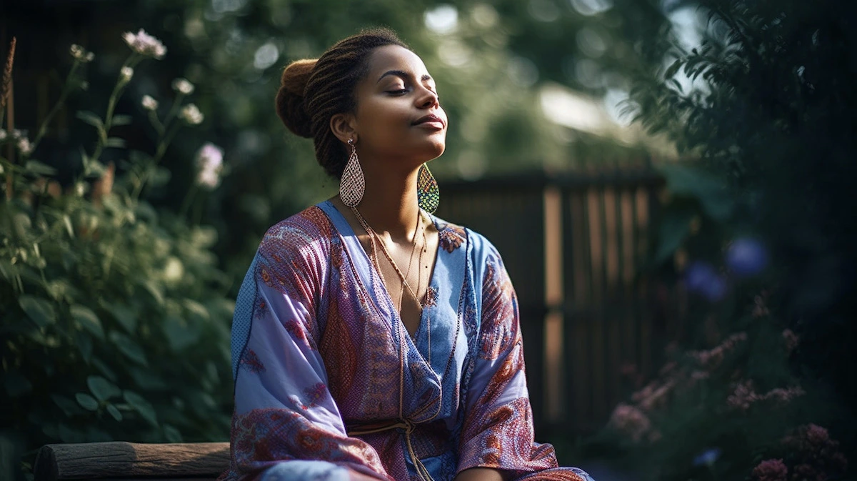 A woman doing a meditation for anxiety outdoors in a garden