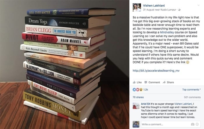 Stack of books on Vishen's Facebook