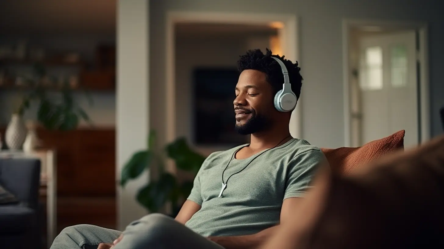 A smiling man in a green shirt relaxes on a couch with headphones on, enjoying music or a guided meditation in a cozy home setting.