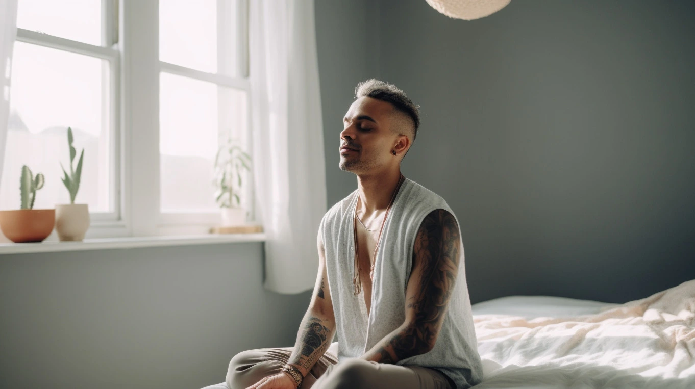 Man practicing sexual meditation on his bed