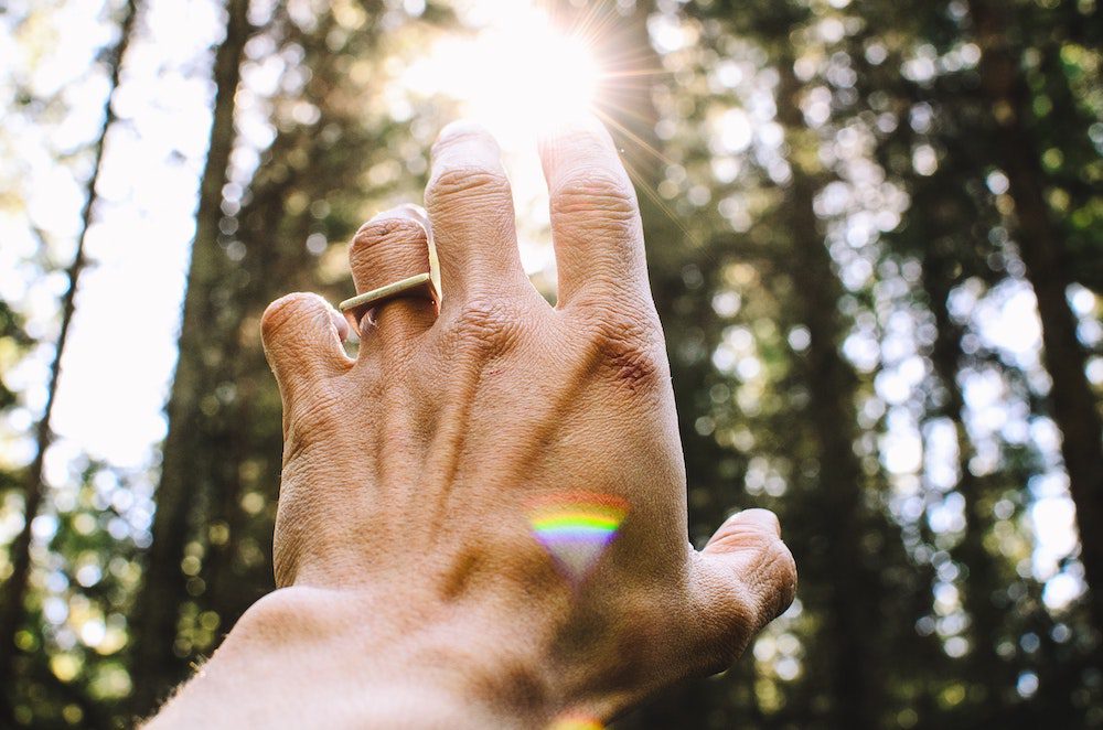 Hand raised in the sunlight, in the forest