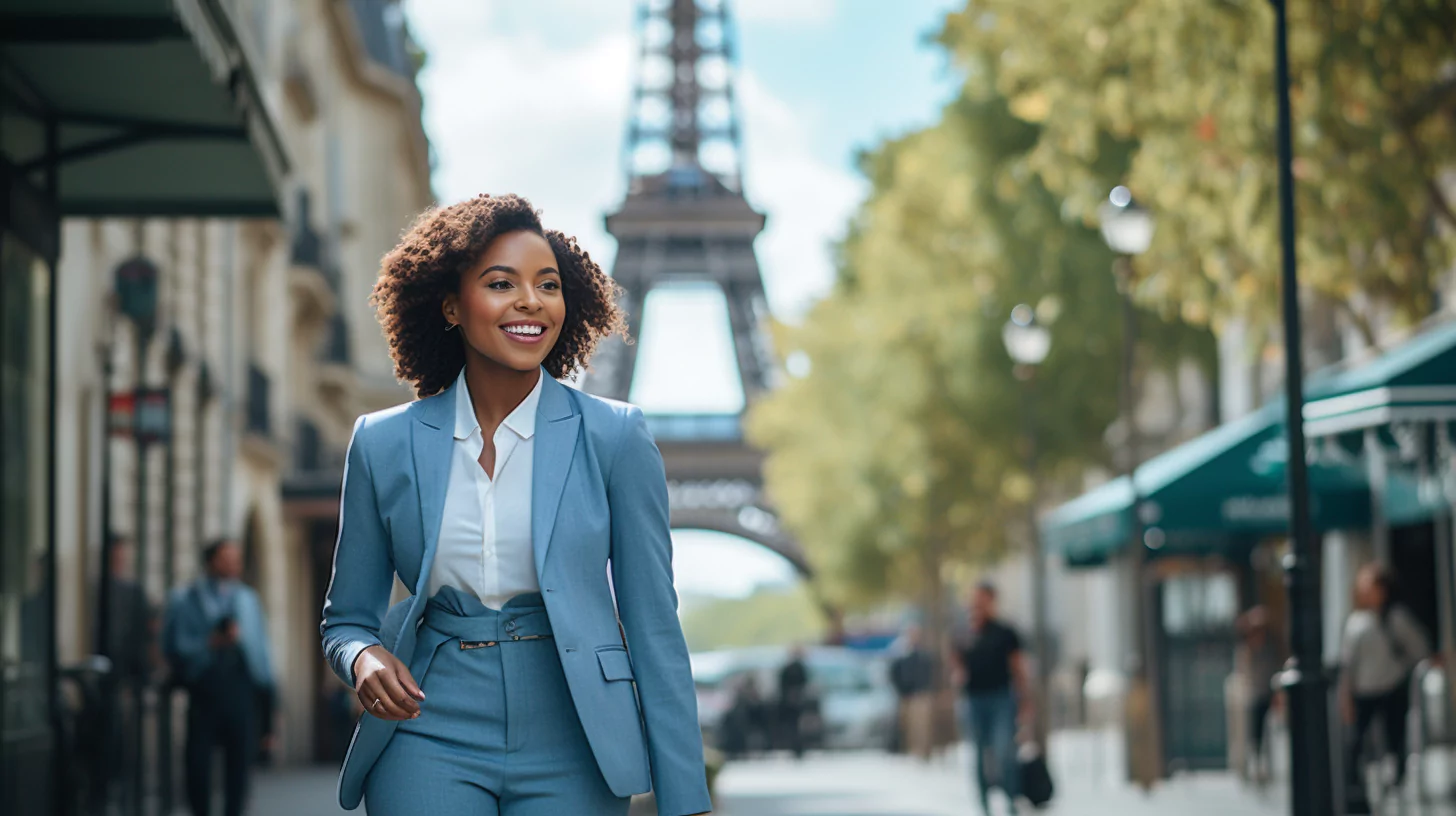 AI-generated image of a woman with self-belief walking down the streets of Paris