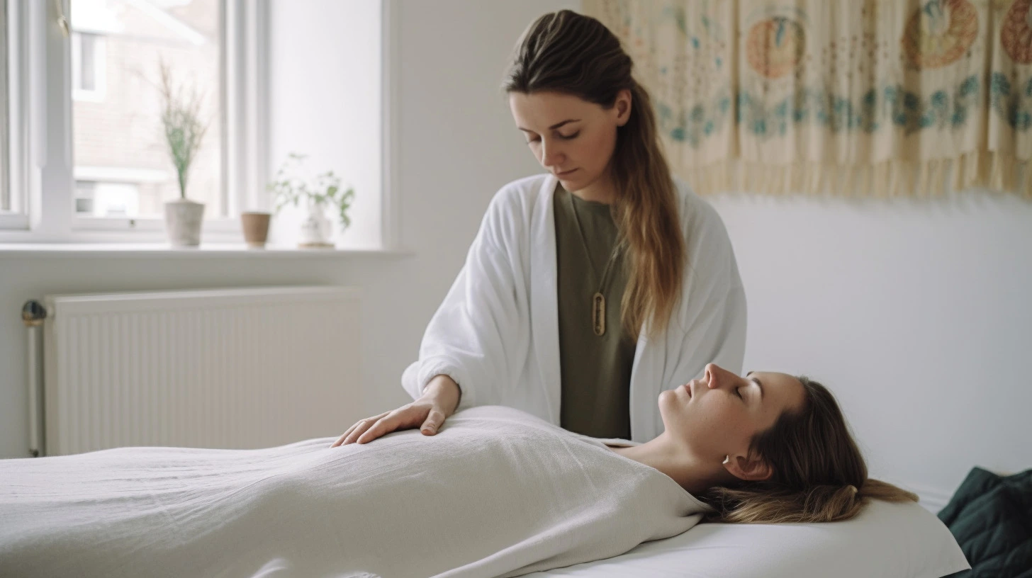 Reiki healer performing reiki on client