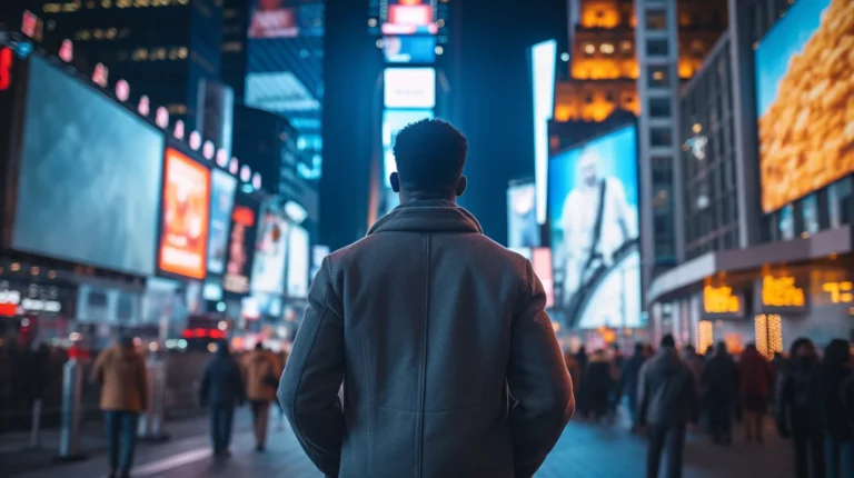 A man standing in the middle of Time Square in New York City and experiencing overstimulation